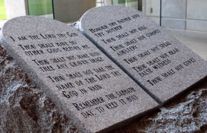 The Ten Commandments monument is pictured in the State Judicial Building in Montgomery, Ala., Thursday, Aug. 14, 2003. Alabama Chief Justice Roy Moore announced his decision Thursday to defy a federal court order to remove the monument from public display in the building. (AP Photo/Dave Martin)